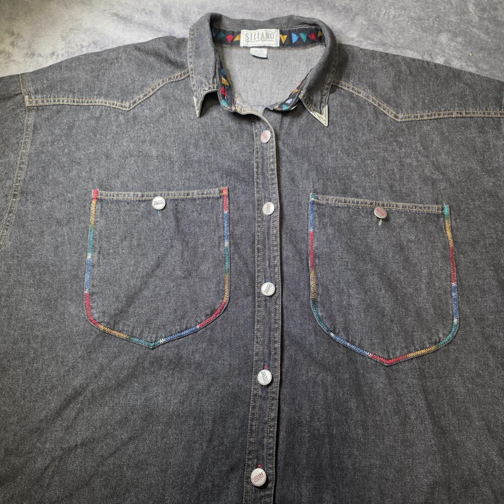 Vintage Stefano Shirt Mens 2XL Gray Denim Western Button up Embroidered